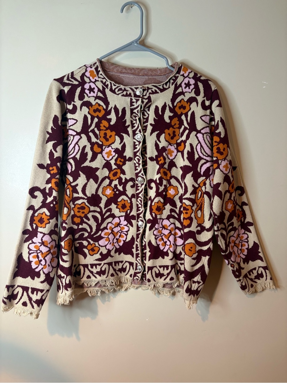 Amazon Cream Floral Boho Fringe Bottom Cardigan EUC